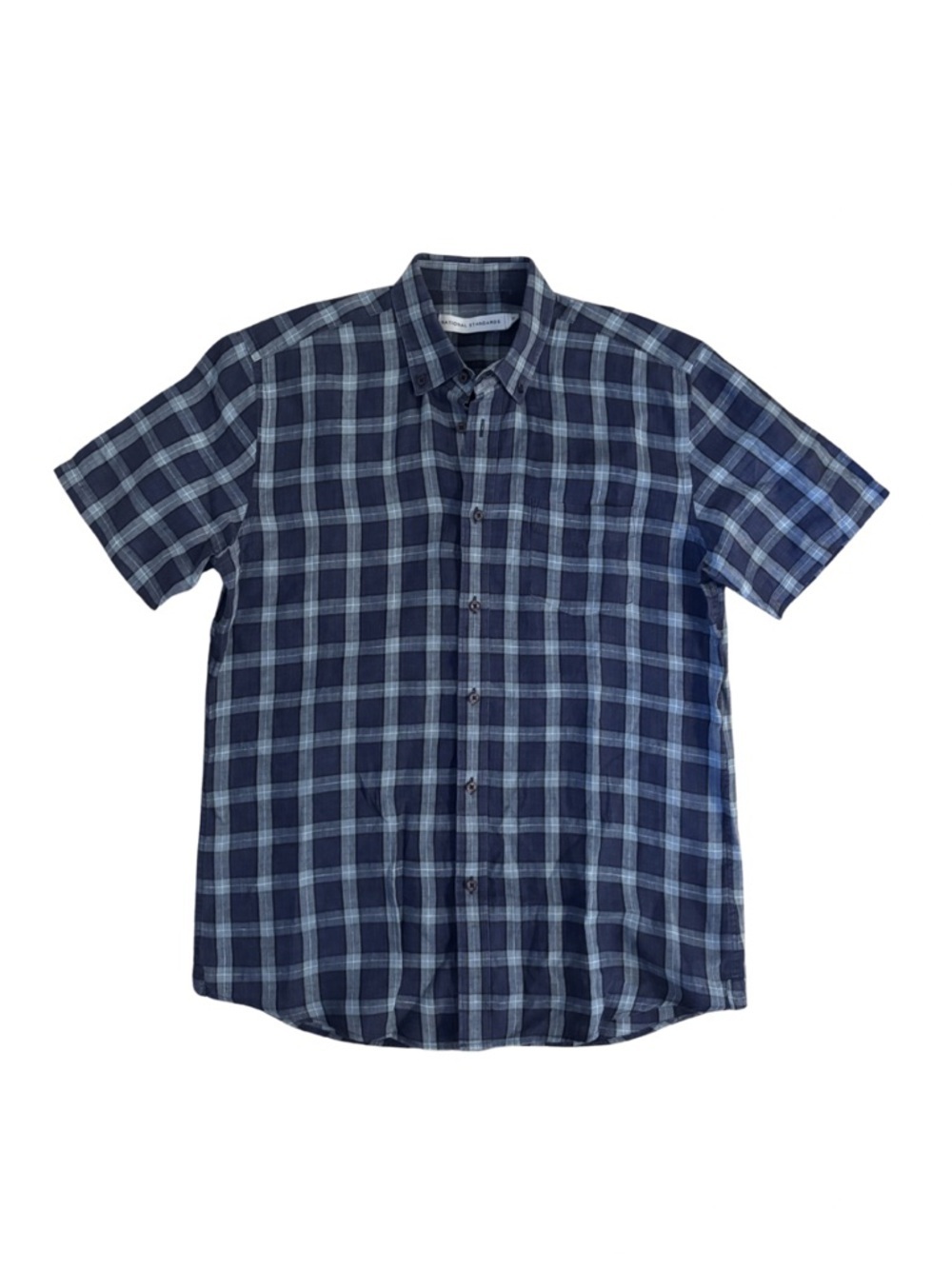 National Standard Short Sleeve Linen Navy Plaid Button-Up Shirt